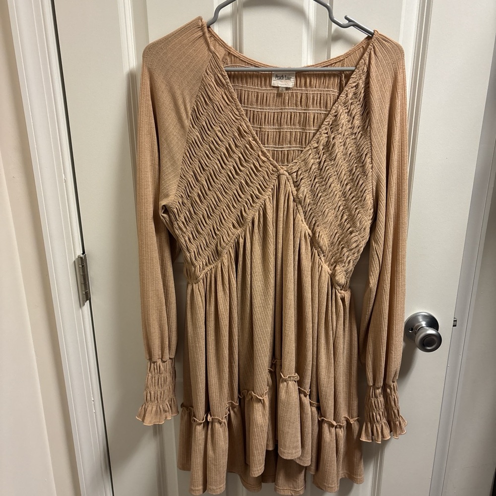 Chic Tan Knit Dress with Ruffled Hem